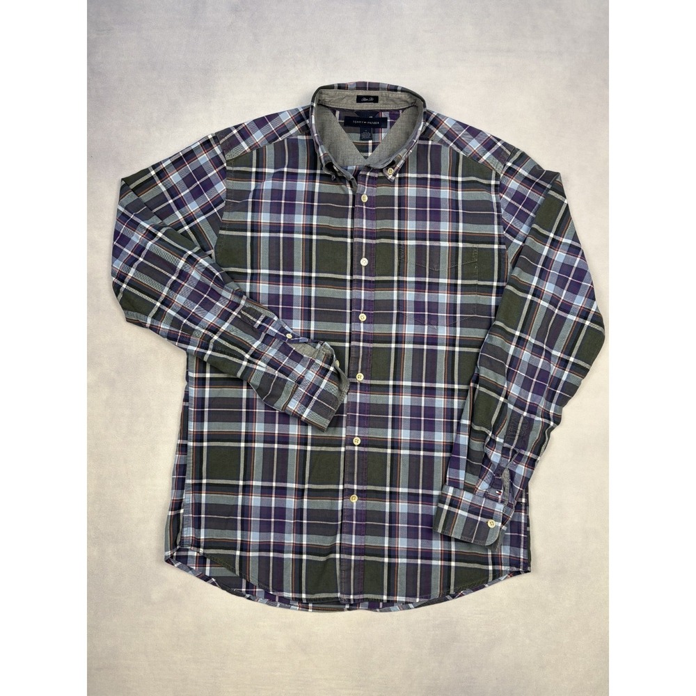 Tommy Hilfiger Shirt Mens Medium Slim Fit Purple Olive Plaid Button Down M